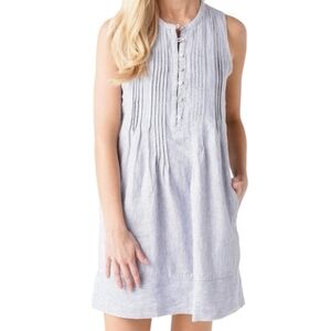 Faherty Linen Dress Blue Pinstripe Sleeveless Button Front Pintuck Isha Beachy M